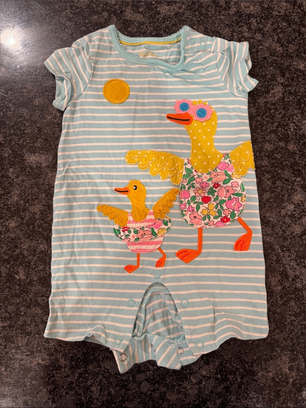 Baby Boden Light Blue & White Striped Duck Applique Footie